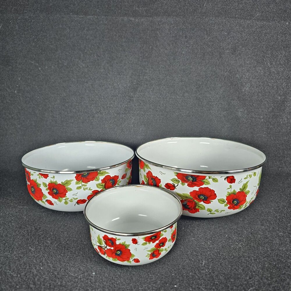 Vintage 3pc 1970s Poppy Flowers Enamel Nesting Bowls MCM